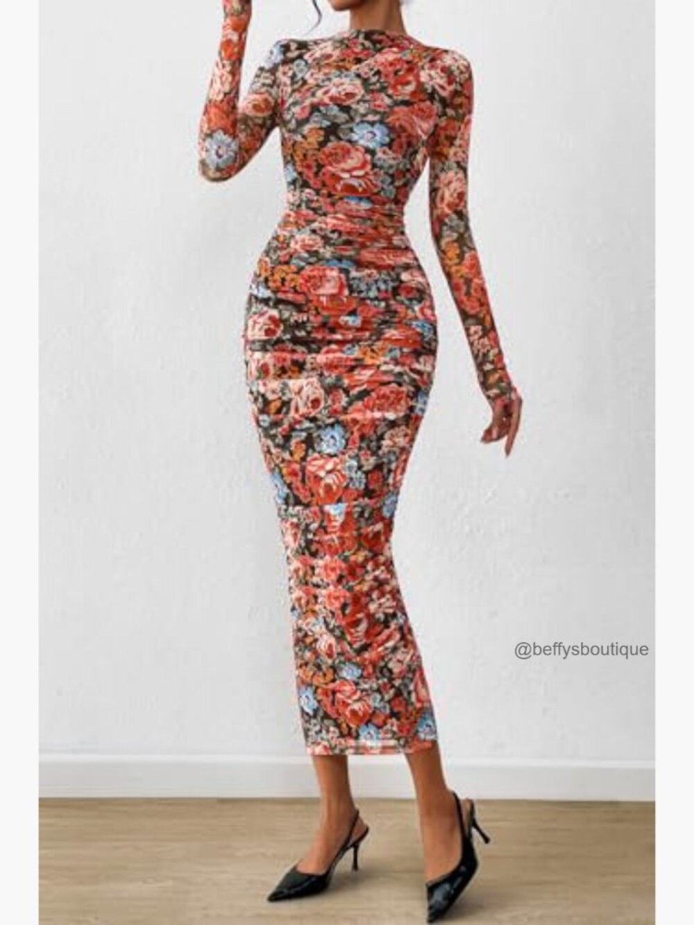 Long Sleeve Maxi Dress Ruched Bodycon Mesh Formal Wedding Guest Cocktail - Picture 4 of 7